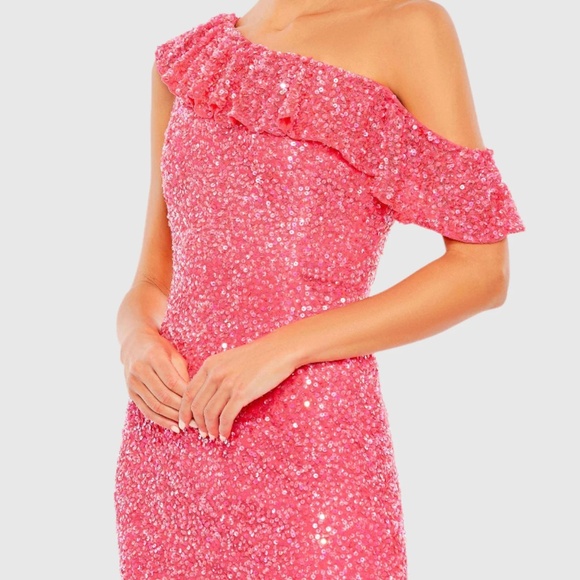 Sequined Drop Shoulder Trumpet Gown Watermelon Pink Sequin Dress - Picture 3 of 10